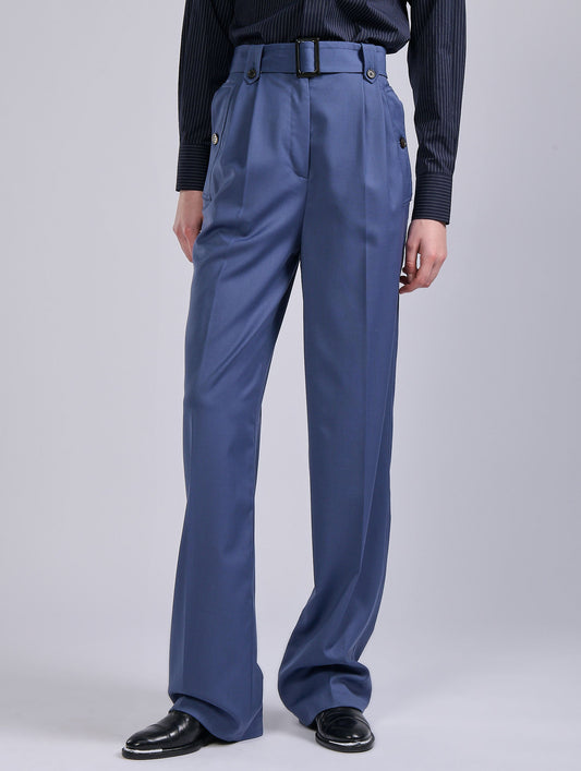 Blue stretch wool gabardine high-waist trousers