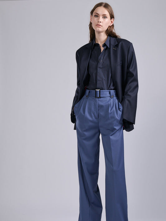 Blue stretch wool gabardine high-waist trousers