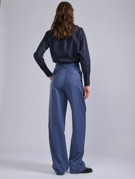 Blue stretch wool gabardine high-waist trousers