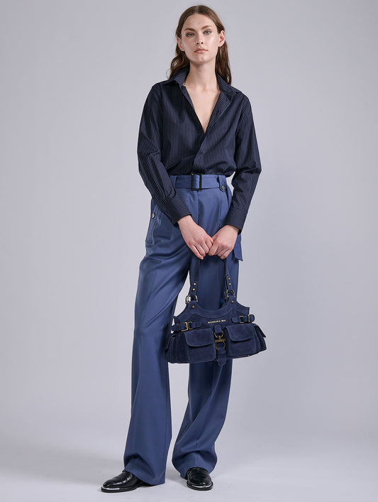 Blue stretch wool gabardine high-waist trousers