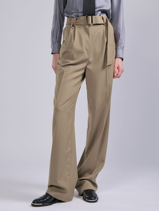 Camel stretch wool gabardine high-waist trousers