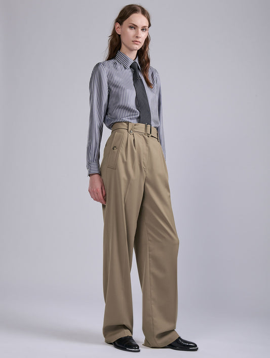 Camel stretch wool gabardine high-waist trousers