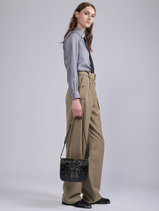 Camel stretch wool gabardine high-waist trousers