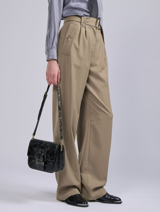 Camel stretch wool gabardine high-waist trousers