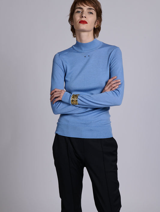 Blue merino wool high-neck sweater