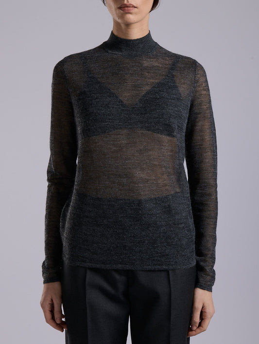 Grey voile knit high-neck sweater
