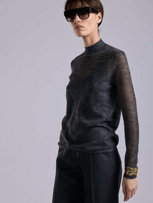 Grey voile knit high-neck sweater