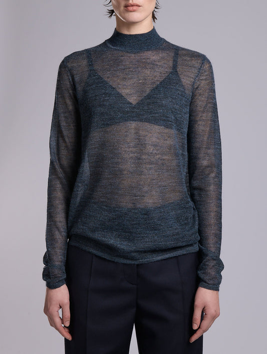 Navy voile knit high-neck sweater