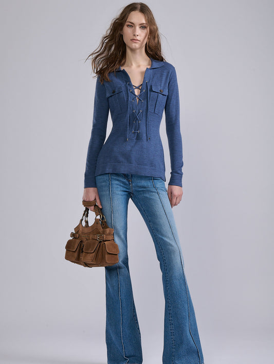 Blue merino wool knit safari sweater