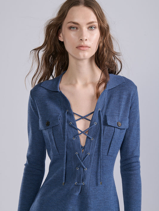 Blue merino wool knit safari sweater