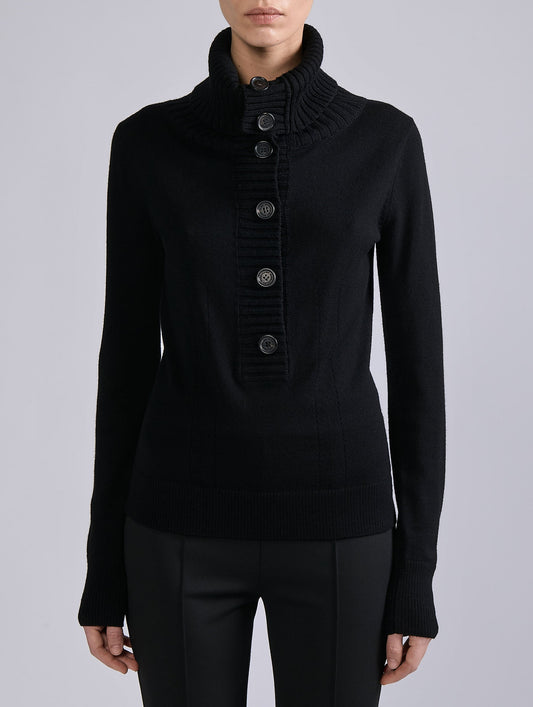 Black merino wool button-neck sweater