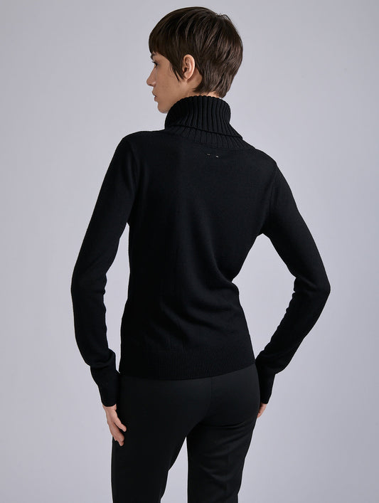 Black merino wool button-neck sweater