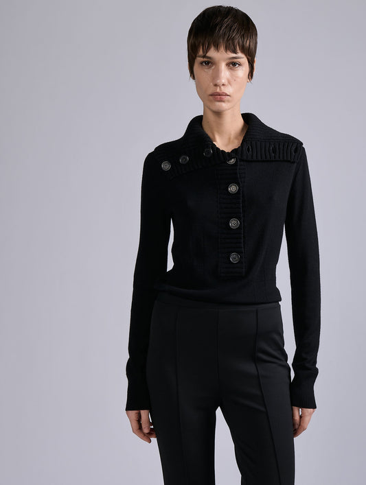 Black merino wool button-neck sweater
