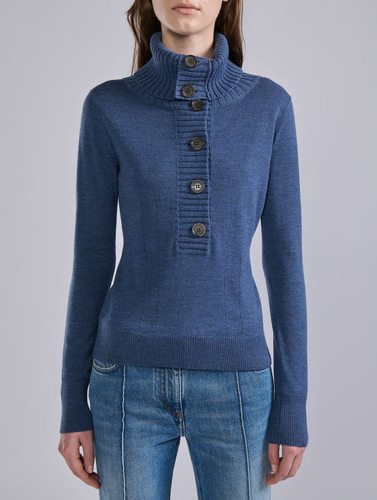 Blue merino wool button-neck sweater