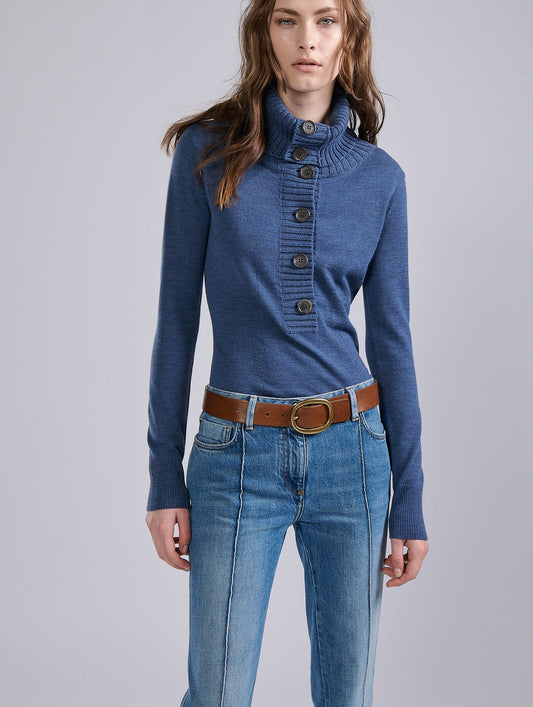 Blue merino wool button-neck sweater