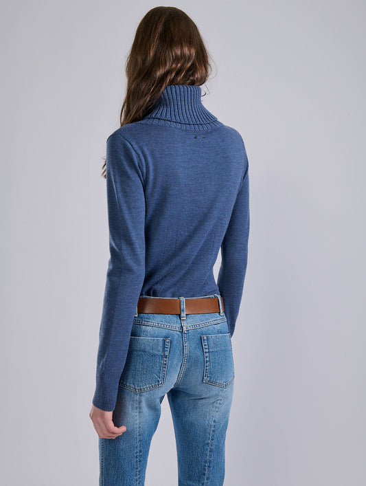 Blue merino wool button-neck sweater