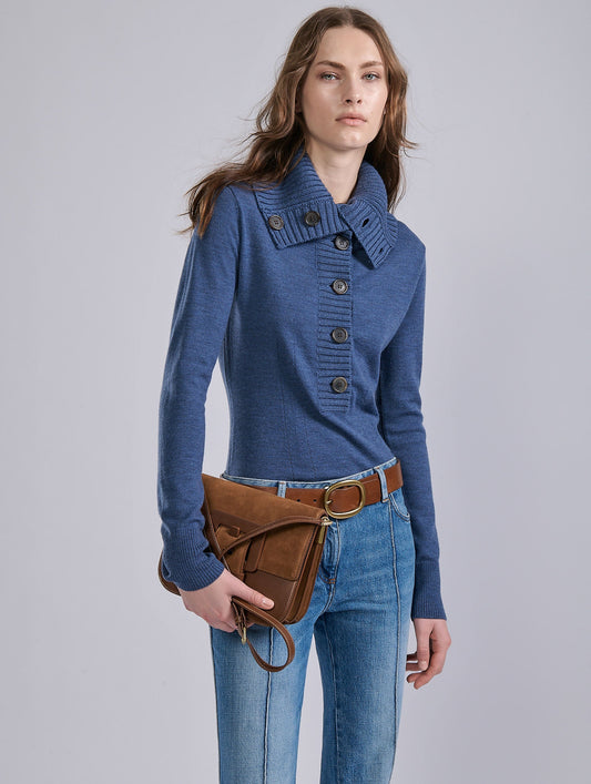 Blue merino wool button-neck sweater