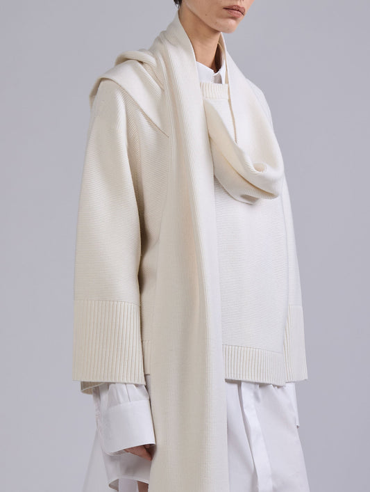 Ecru merino wool integrated scarf sweater