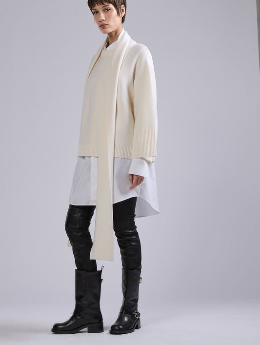 Ecru merino wool integrated scarf sweater