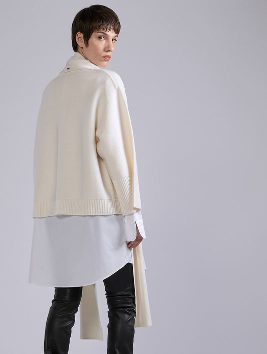 Ecru merino wool integrated scarf sweater