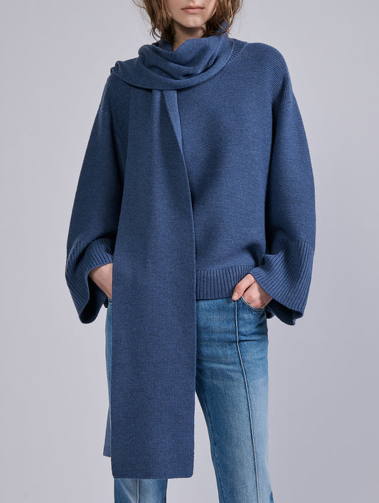 Blue merino wool integrated scarf sweater
