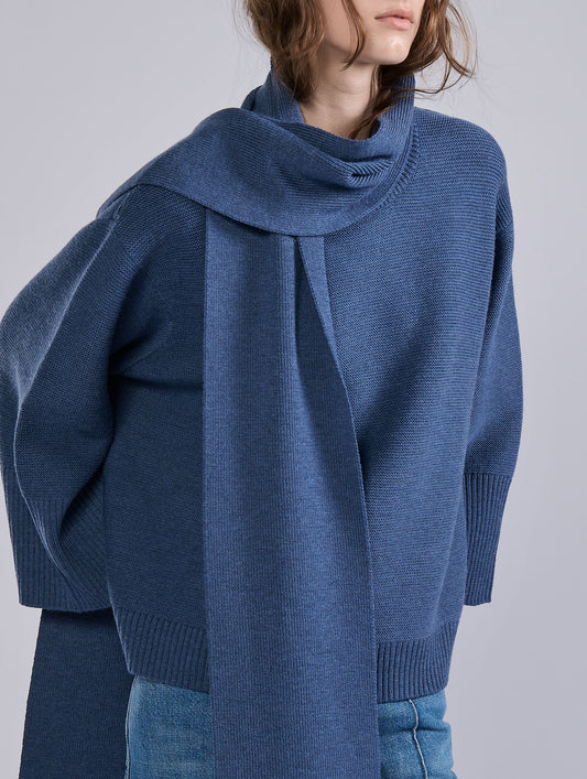 Blue merino wool integrated scarf sweater