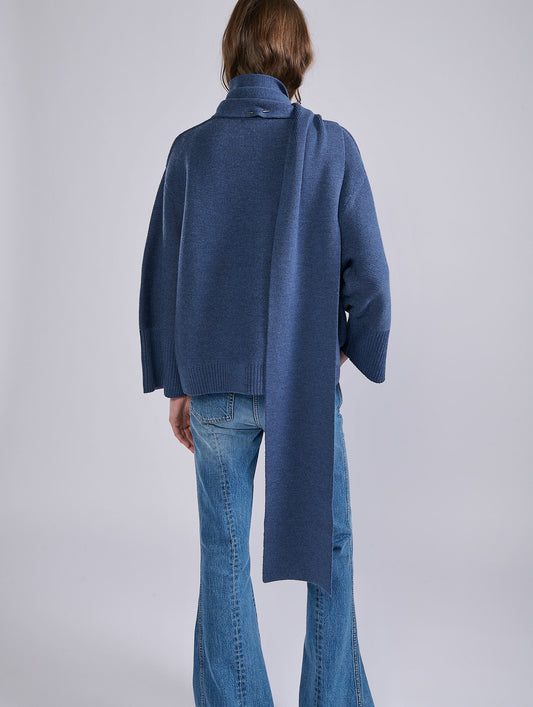 Blue merino wool integrated scarf sweater