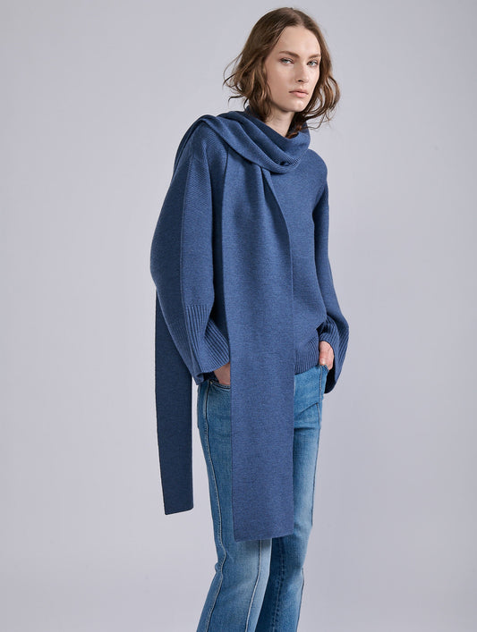 Blue merino wool integrated scarf sweater