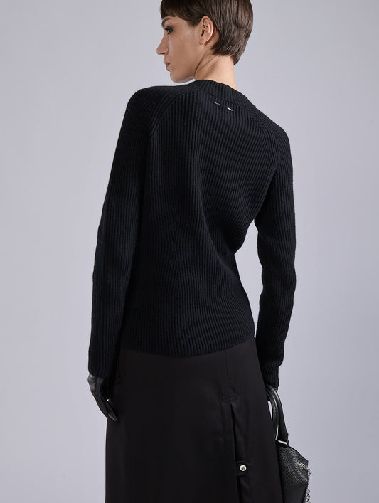 Zipped sweater in black ribbed wool