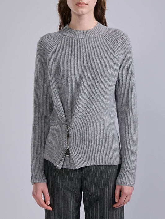 Zipped sweater in grey ribbed wool