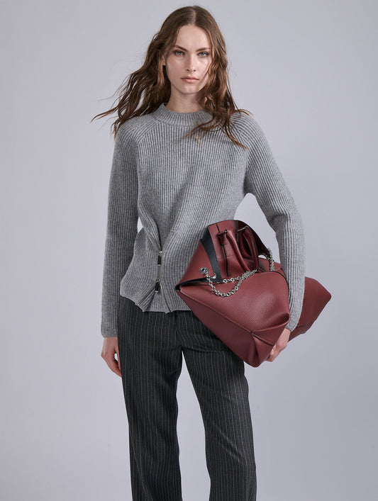 Zipped sweater in grey ribbed wool