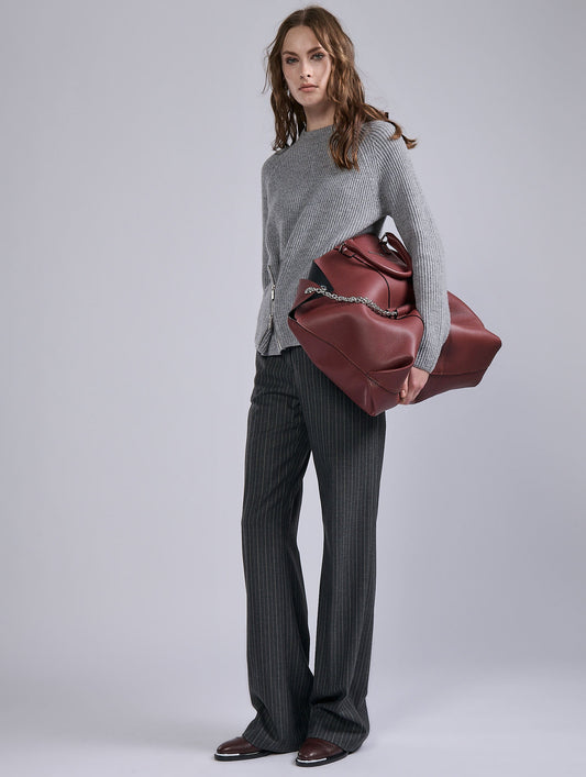 Zipped sweater in grey ribbed wool