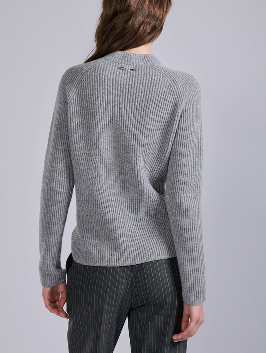 Zipped sweater in grey ribbed wool
