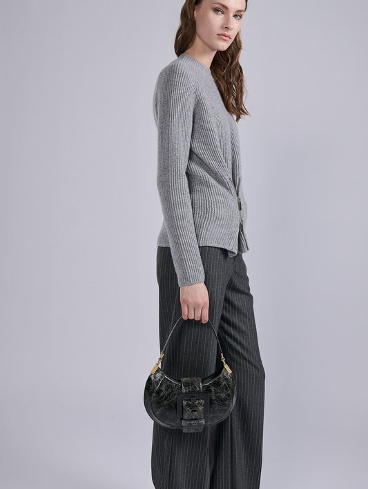 Zipped sweater in grey ribbed wool