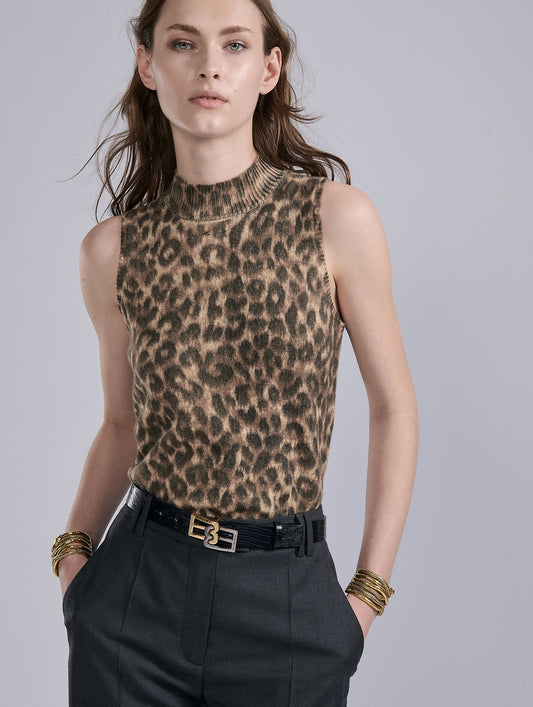 Leopard print sleeveless knit sweater.