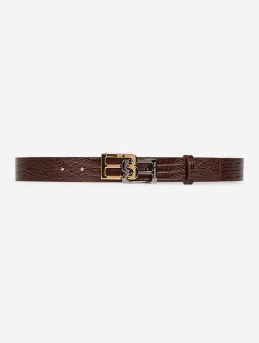 Brown lizard-embossed leather logo belt
