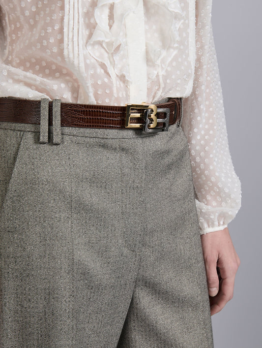 Brown lizard-embossed leather logo belt