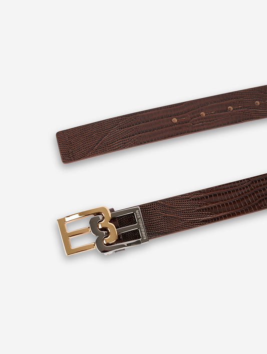 Brown lizard-embossed leather logo belt