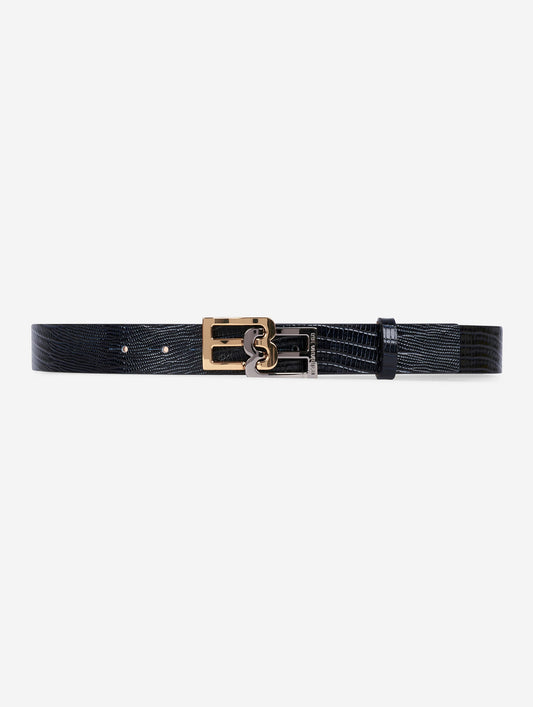 Navy lizard-embossed leather logo belt