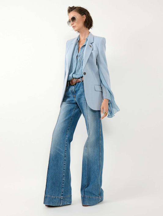 Sky blue herringbone crepe fitted jacket