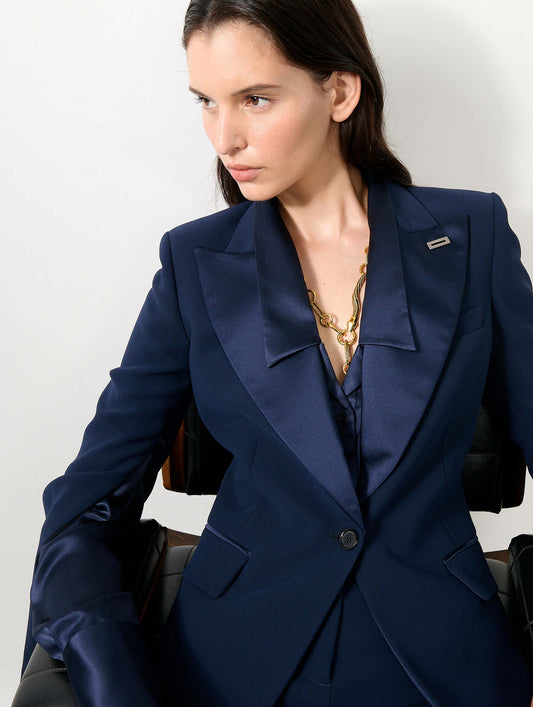 Navy crepe tuxedo jacket with zipped sleeves