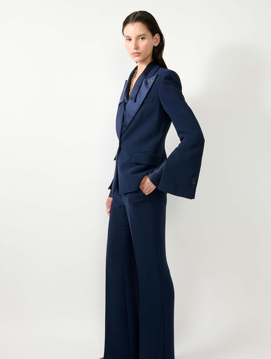 Navy crepe tuxedo jacket with zipped sleeves