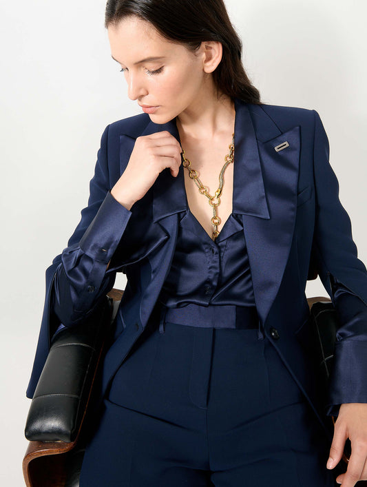 Navy crepe tuxedo jacket with zipped sleeves