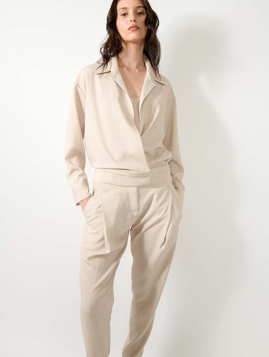 Wrap-front jacket in sand printed crepe