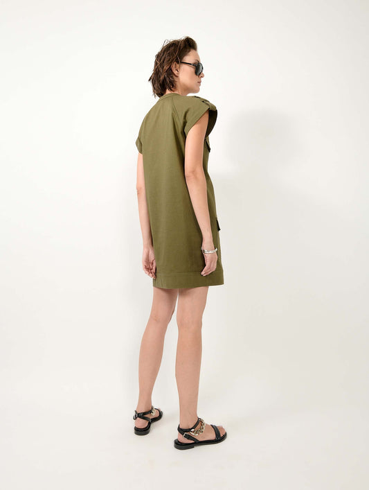 Khaki cotton gabardine short sleeve dress