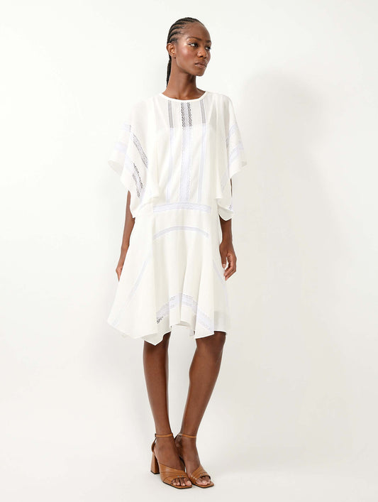 White crepon dress with lace inlays