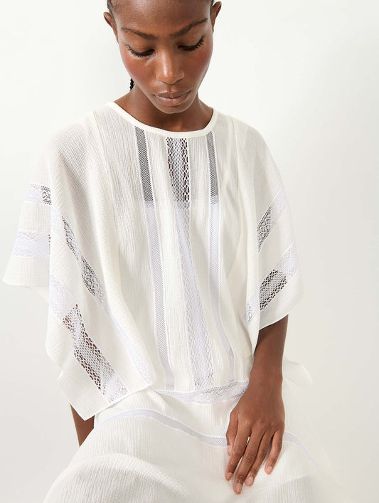 White crepon dress with lace inlays