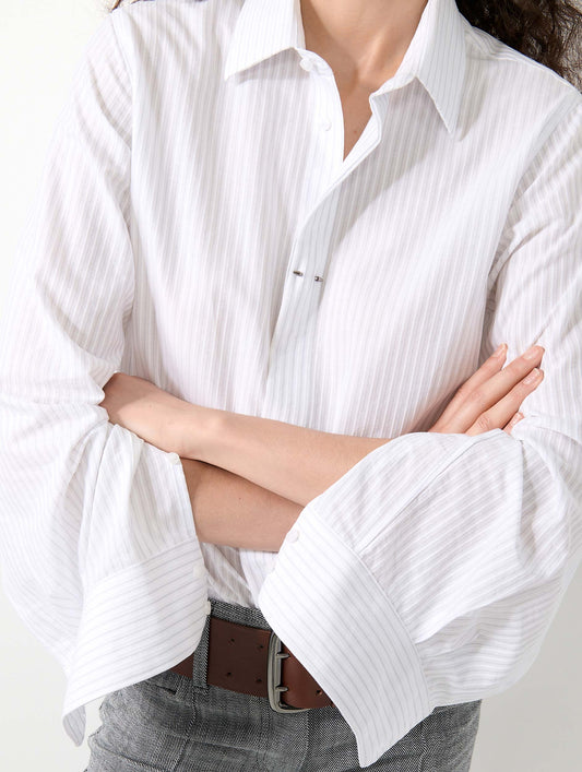 White textured cotton shirt with grey stripes