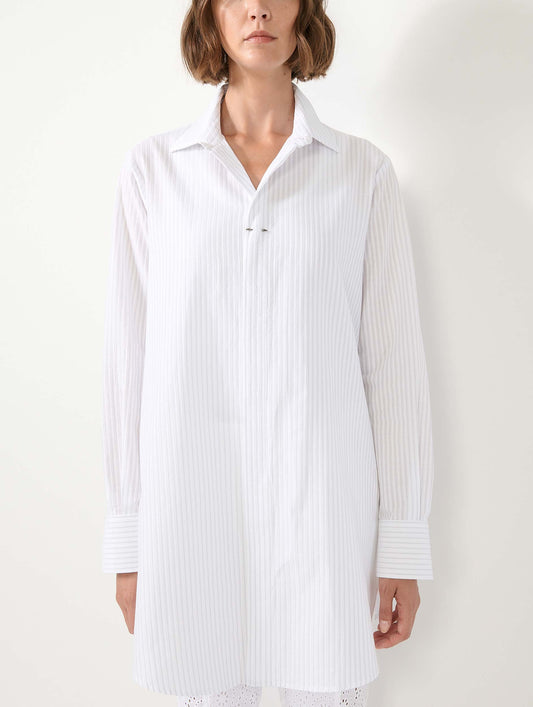 White textured cotton long shirt with grey stripes
