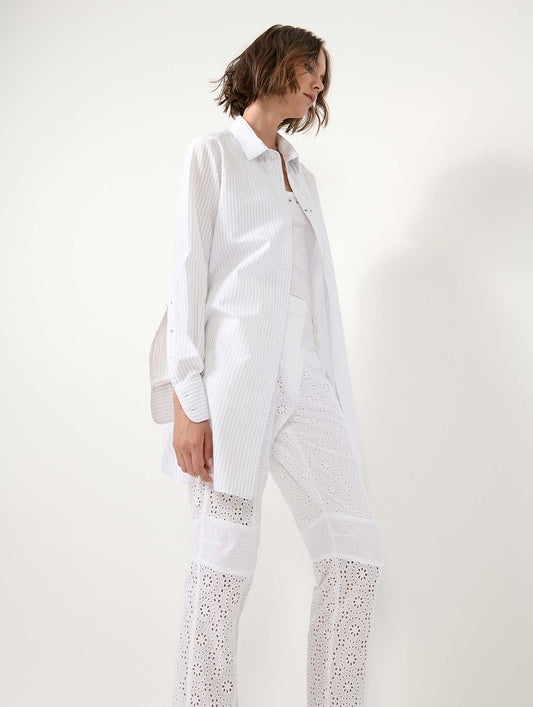 White textured cotton long shirt with grey stripes